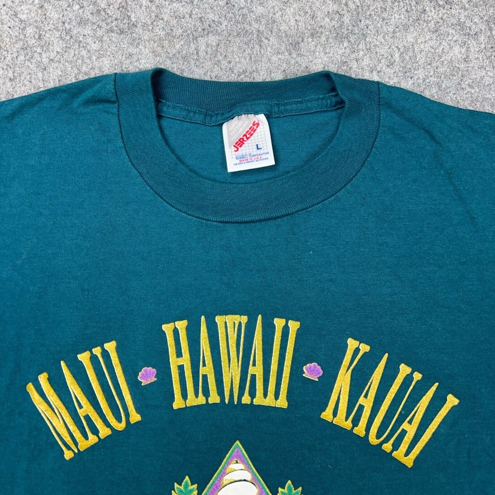 VTG Hawaii Shirt Mens Large Green Maui Aloha Kauai Island Puff Print Tee USA 90s - Picture 4 of 12